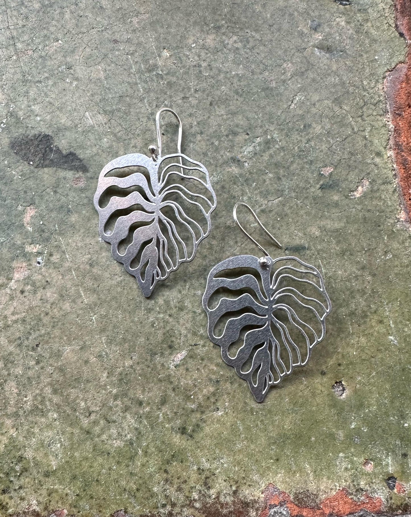 Oren earrings, Brass and sterling silver leaf earrings