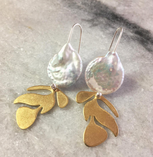 Brass leaf earrings, with pearl and silver hooks