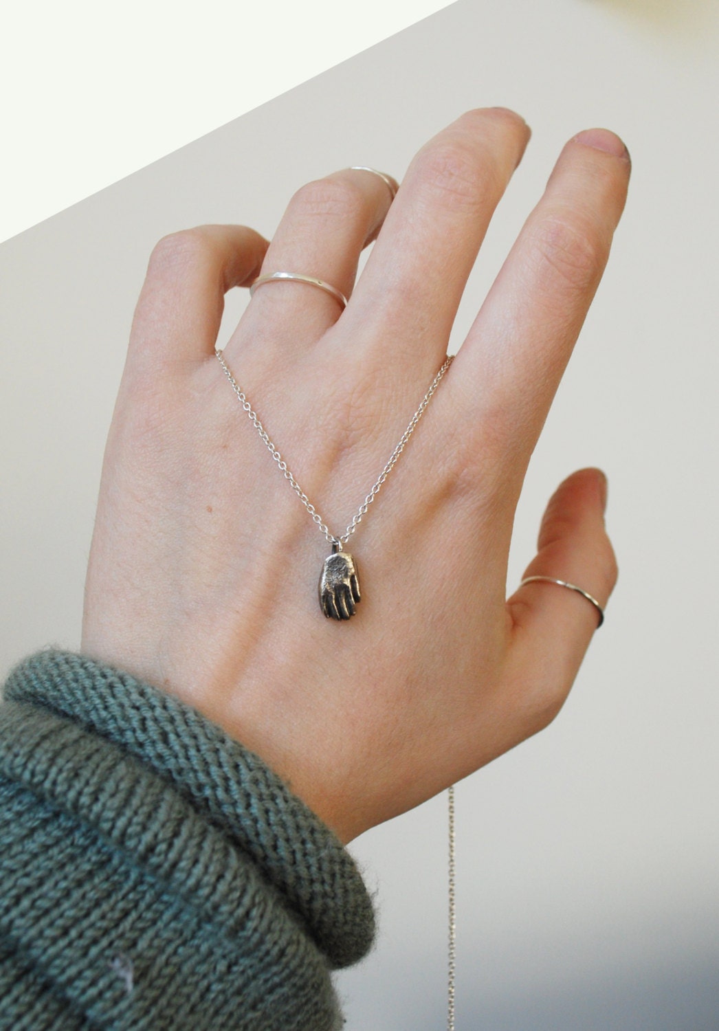 Desi necklace, Eco sterling silver hand necklace, Talisman