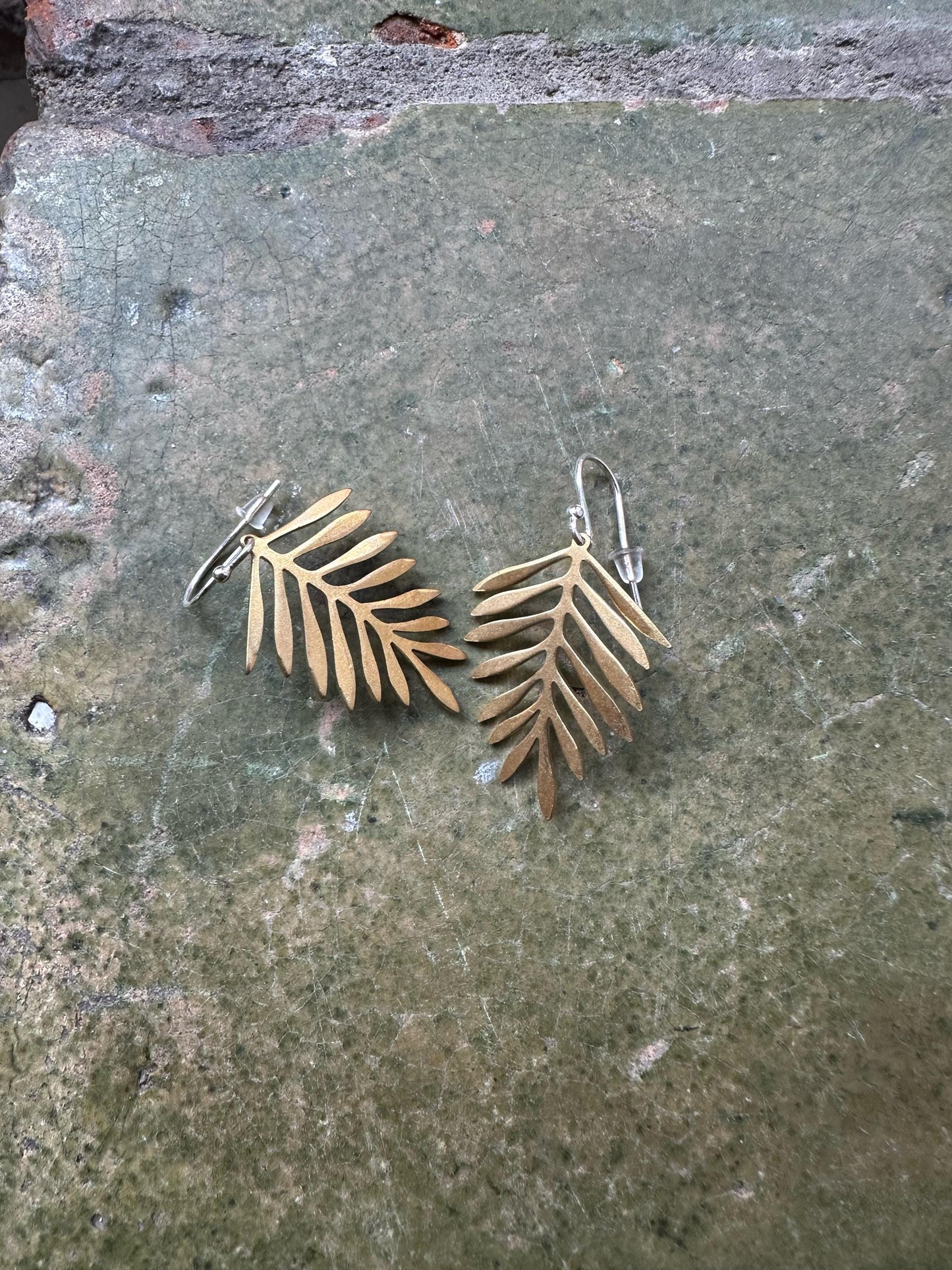 Oren earrings, Brass and sterling silver leaf earrings