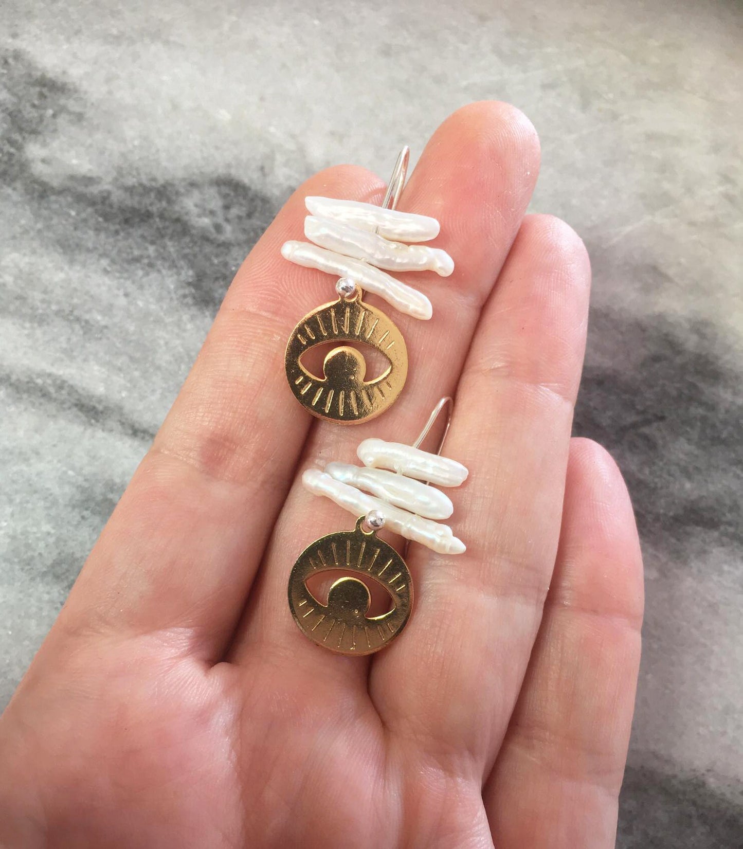 Lera earrings, brass, pearl and silver hooks