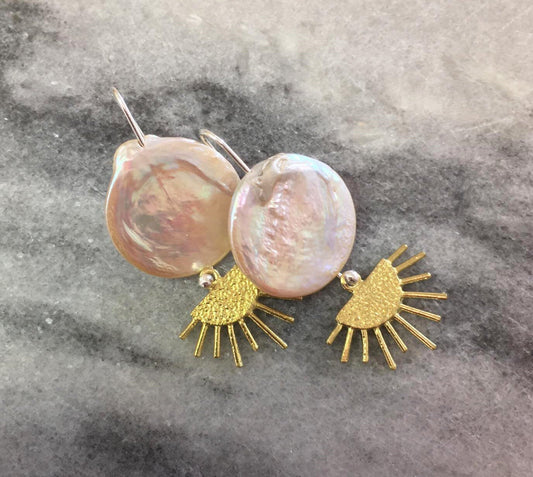 Mica earrings, brass, pearl and silver hooks